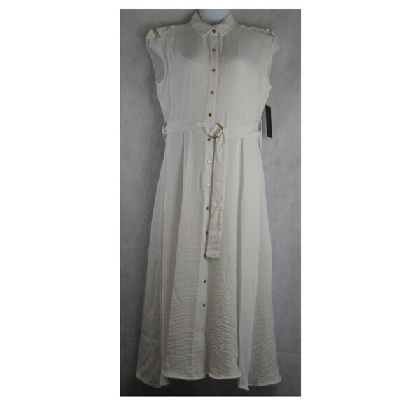 Donna Karan DKNY Women's Polyester Button-Front Tie-Waist Dress, Cream, Large - Picture 2 of 8